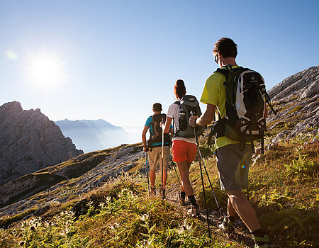 Wandern Wandergruppe mit Trekkingstöcken auf Bergpfad bei Sonnenschein